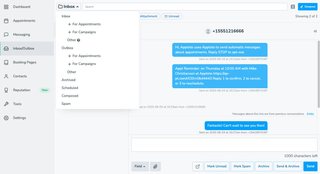 Choose from multiple folders in the Inbox/Outbox to sort texts and emails.